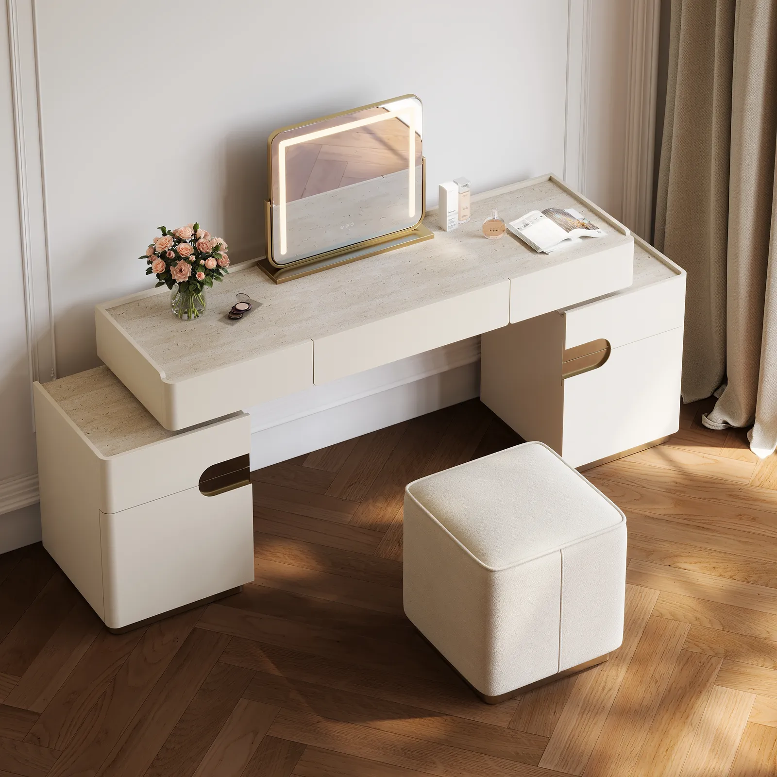 Horva Extendable Makeup Vanity Set with LED Mirror and Vanity Stool (57"–73")