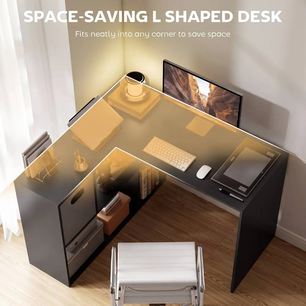 HOMCOM 110 cm L-Shaped Desk, Small Computer Desk with Fabric Drawer, Black 4