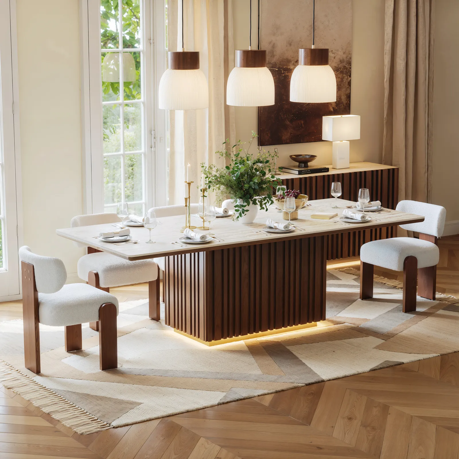 Aura 214 cm Faux Travertine Rectangular Dining Table with Sintered Stone Top, Seats 8