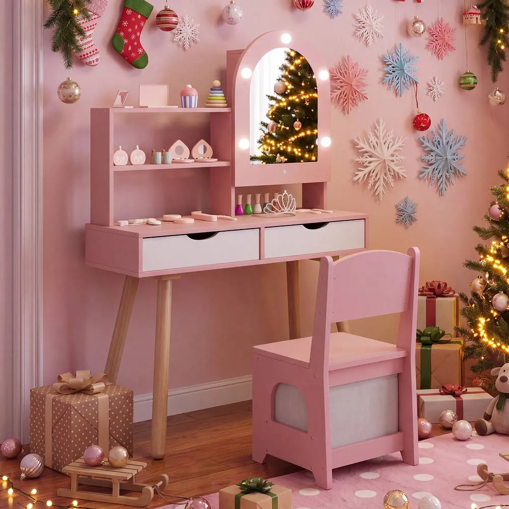 Costway 2-In-1 Princess Vanity Table & Chair Set with Mirror in Pink 4