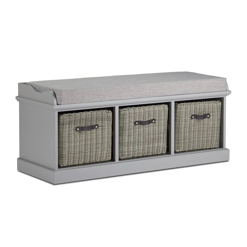 Statement Furniture Tetbury Bench with 3 Grey Faux Rattan Baskets & Grey Cushion in Light Grey 1