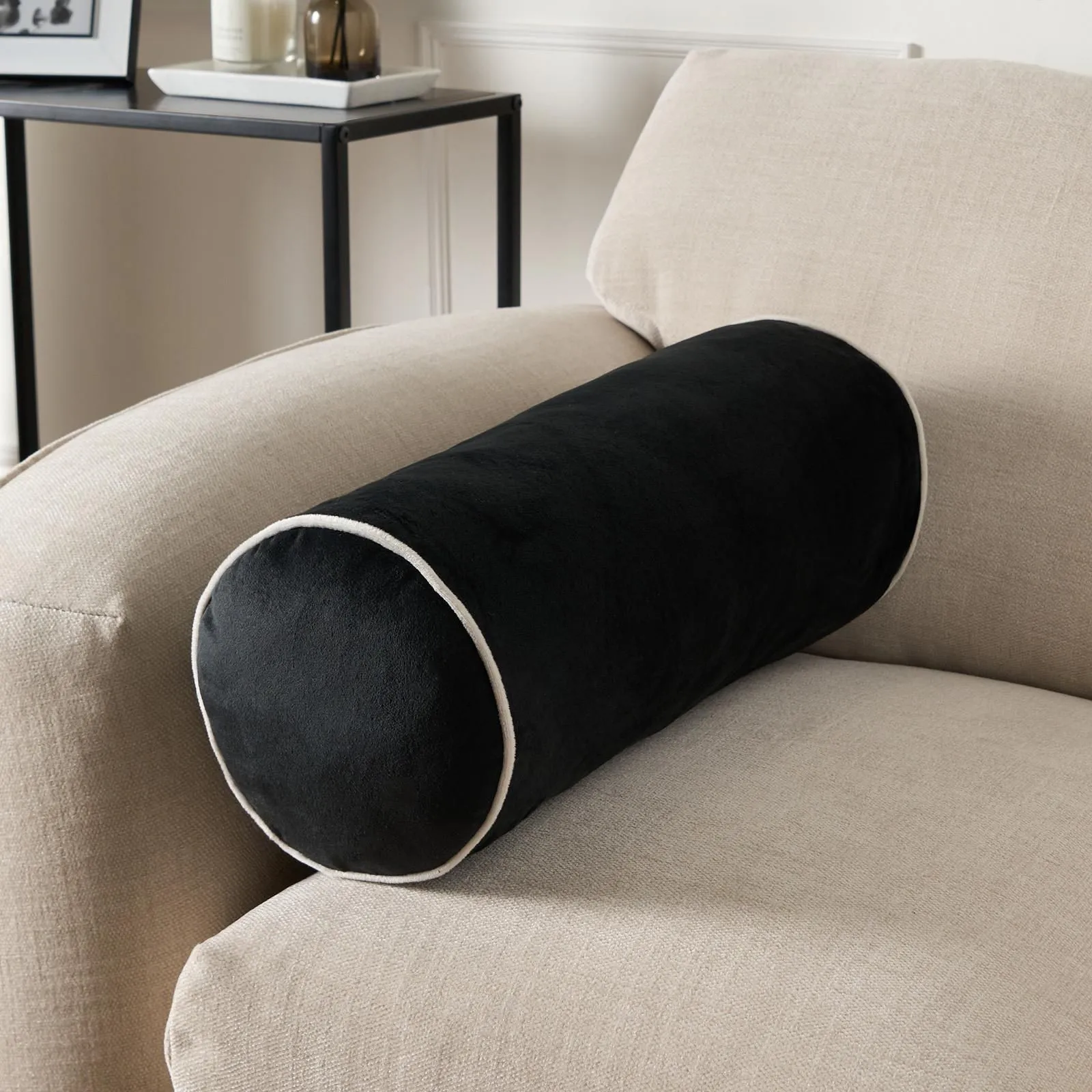 OHS Bolster Cushion Matte Velvet Filled Bedroom Sofa Plump Decorative Scatter Pillow in Black