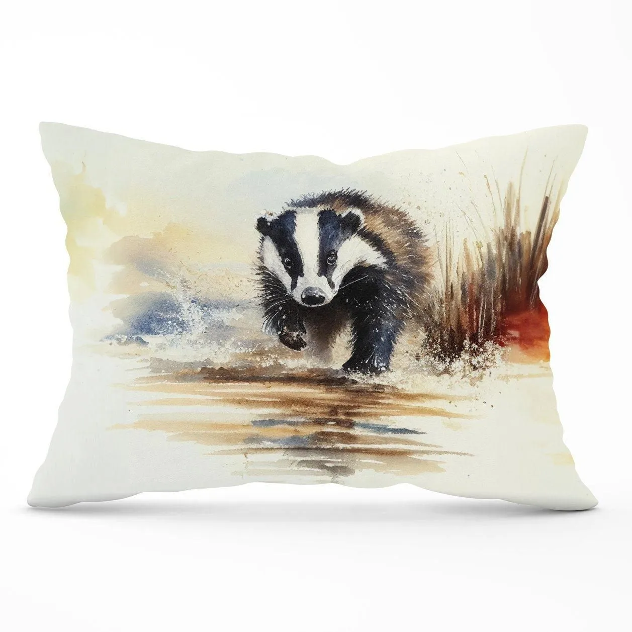 Warren Reed - Designer Wading Badger Watercolour Cushions in Brown