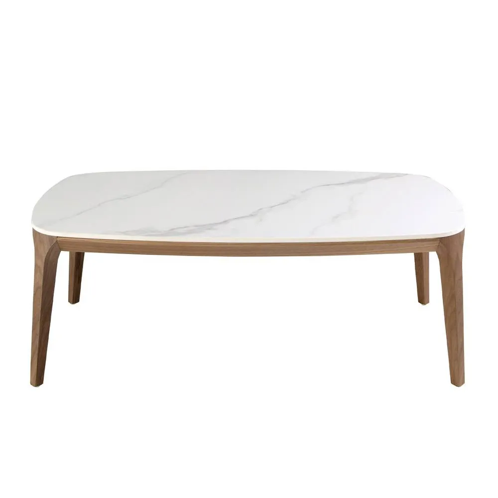 Angel Cerda Oval Porcelain Marble Coffee Table with Walnut Veneer in White 2