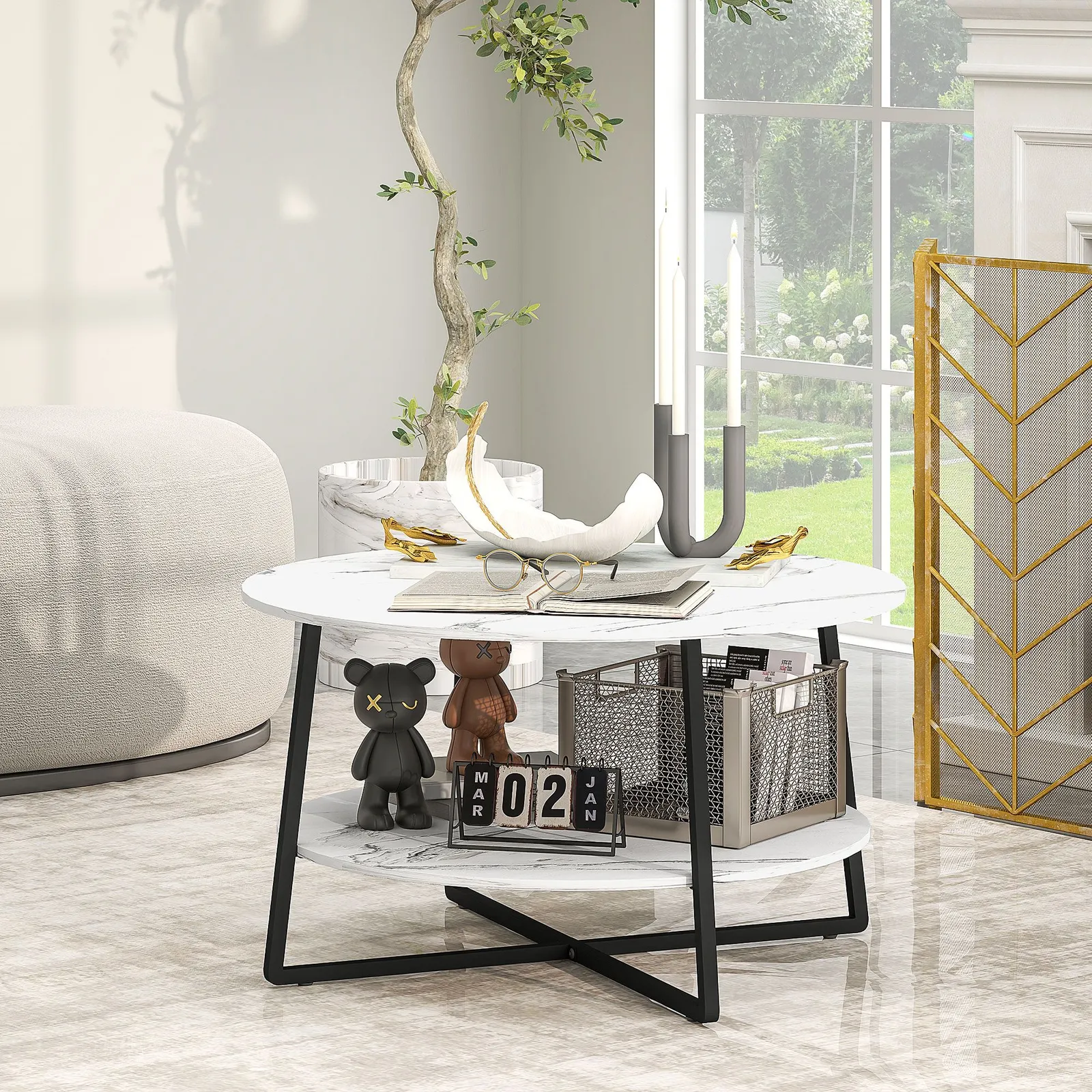 HOMCOM Round Coffee Table with Storage Shelf & Marble Effect Top, White