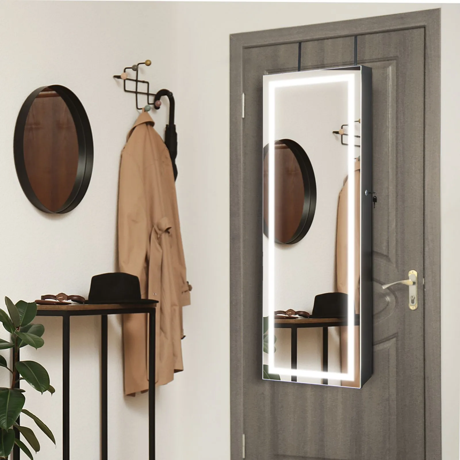 Costway 120cm Full Length Mirror Jewelry Cabinet Door Hanging/Wall Mounted Mirror with 3 Color Lights in Black 4