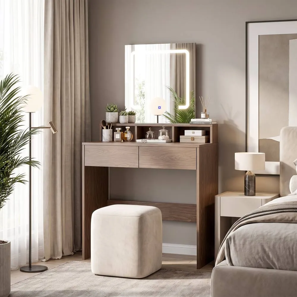 HOMCOM Dressing Table with Mirror, LED Lights, Drawers, for Bedroom, Walnut 2