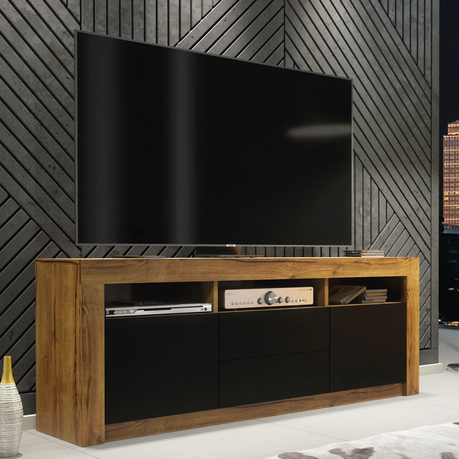 Creative Furniture TV Unit 160cm Modern - Oak with Matt Black Doors in Brown 6
