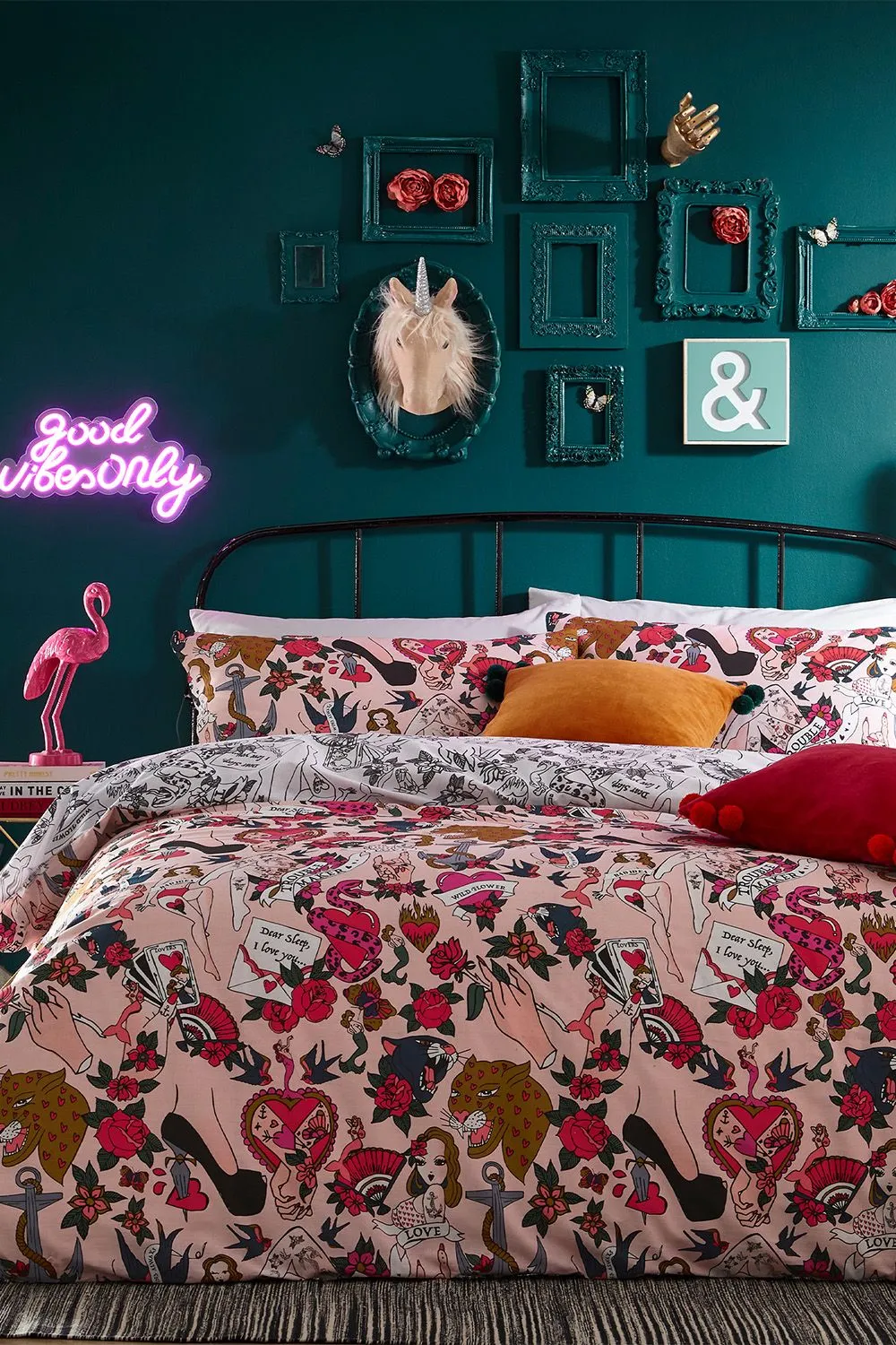 Furn Inked Tattoo Inspired Reversible Duvet Cover Set in Light Pink