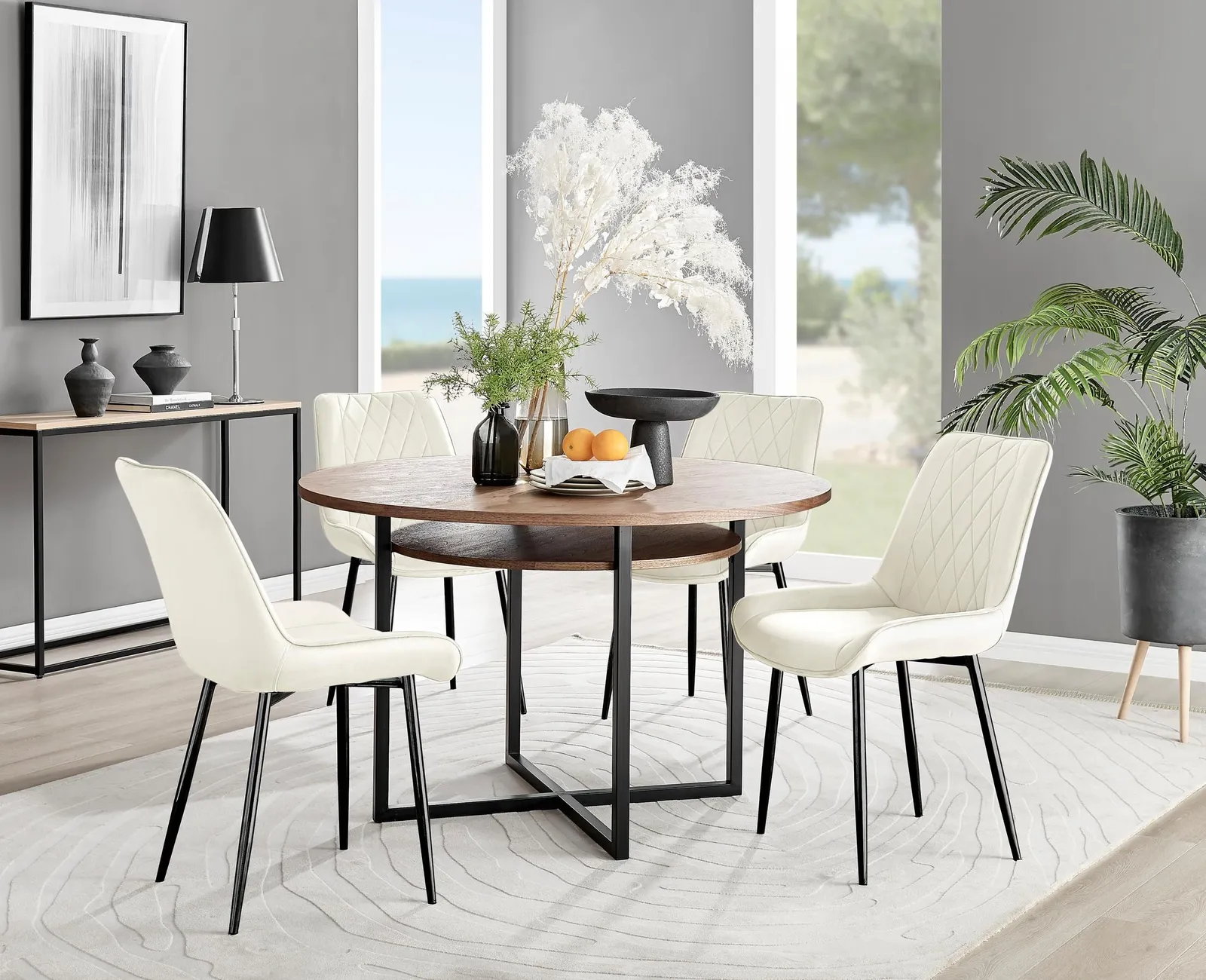 FurnitureboxUK Adley Brown Wood Storage Dining Table & 4 Pesaro Black Leg Chairs in Cream 1