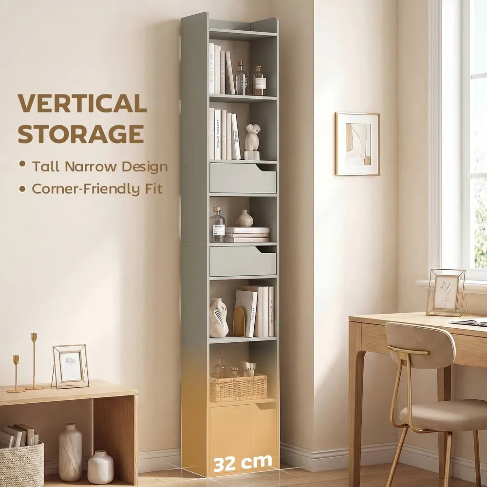 HOMCOM Bookcase Tall Narrow with 5 Tiers Drawers Grey 4