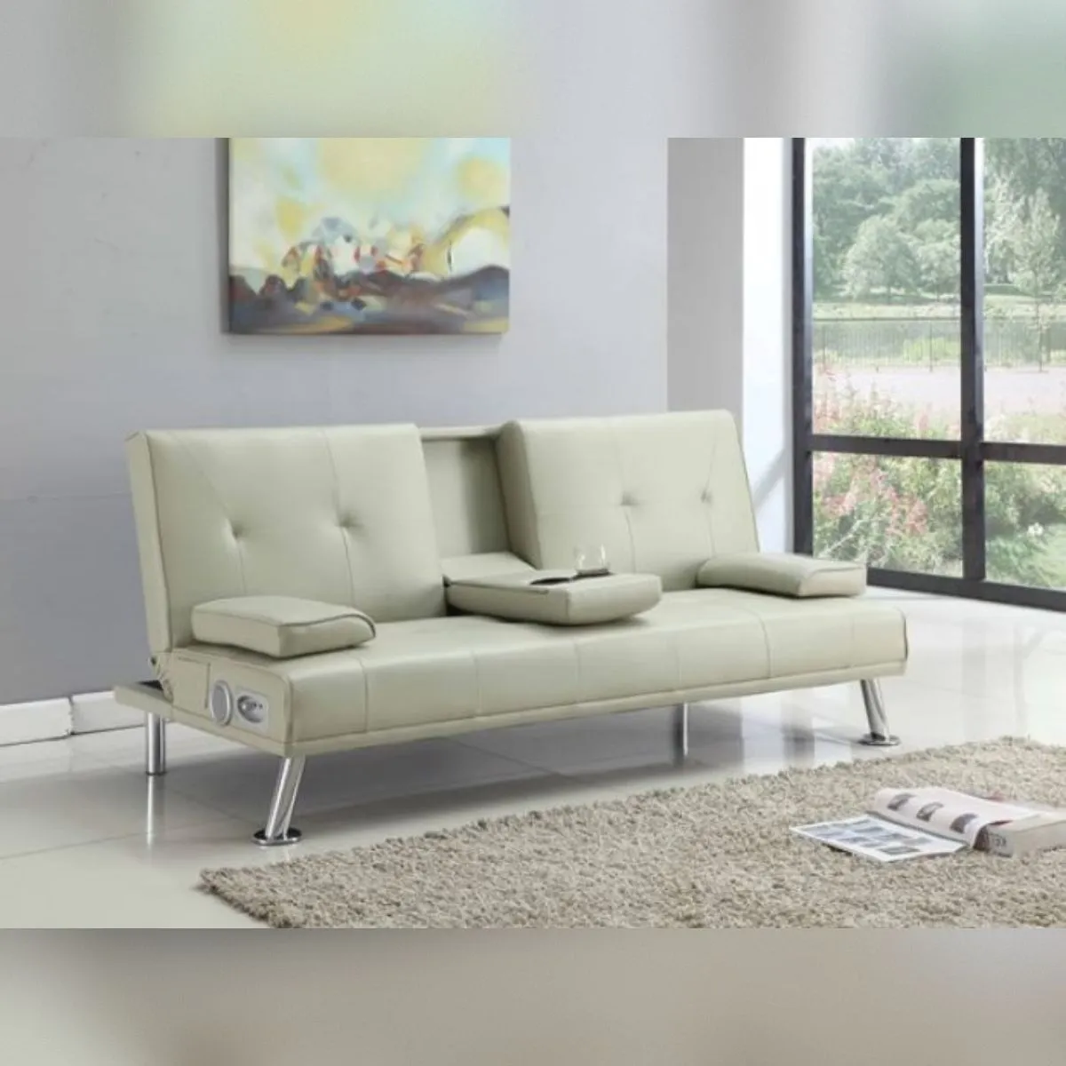 Comfy Living Ltd Faux Leather Italian Style Luxury Sofa Bed with Bluetooth Speakers in Cream 1