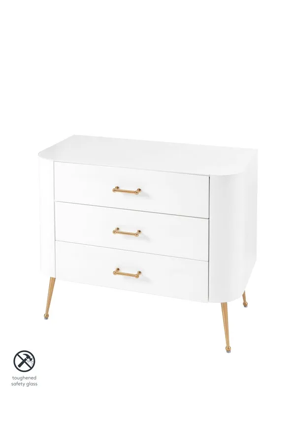 Mason White Glass Chest of Drawers – Brushed Gold Legs
