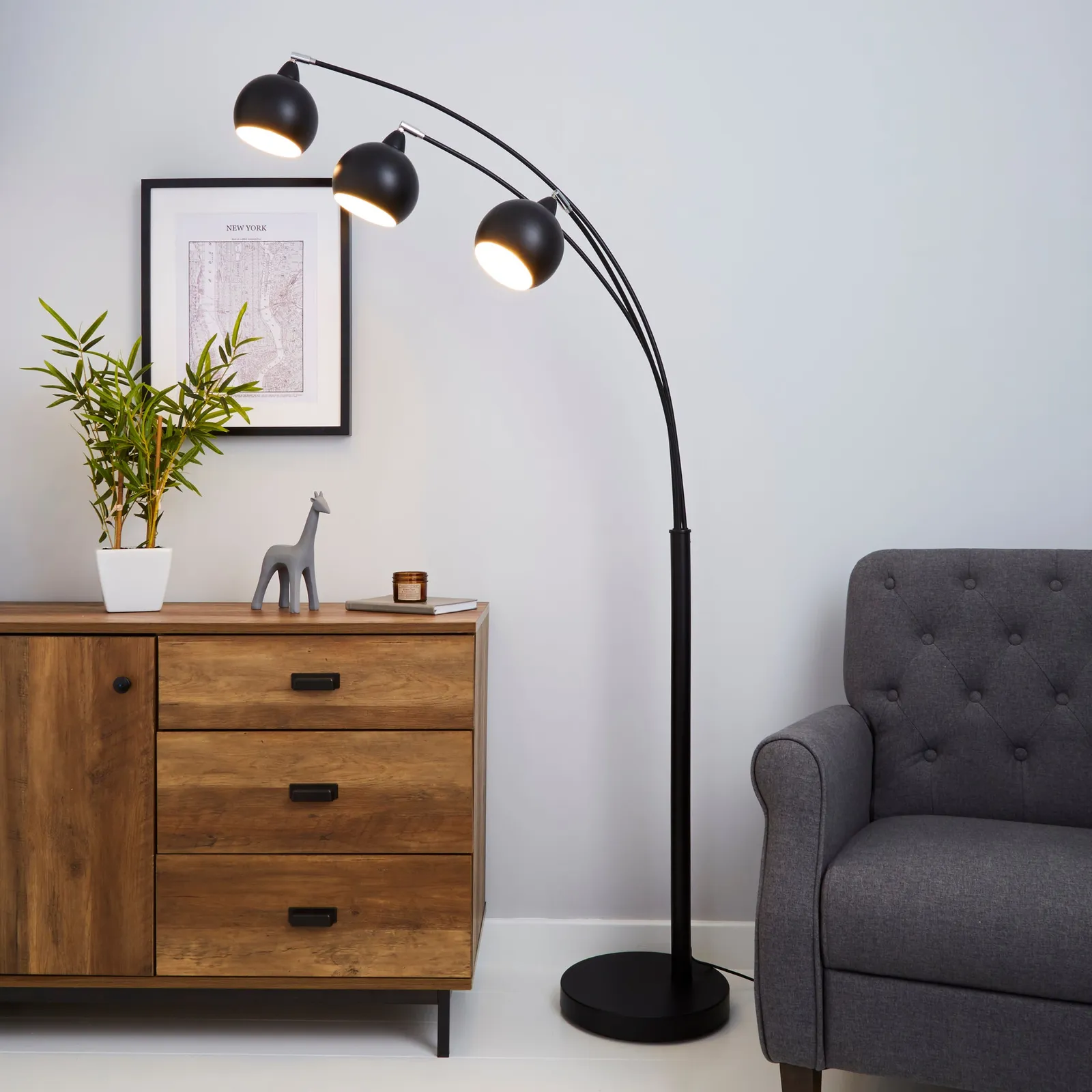 Herm 3 Arm Arc Black Floor Lamp Black