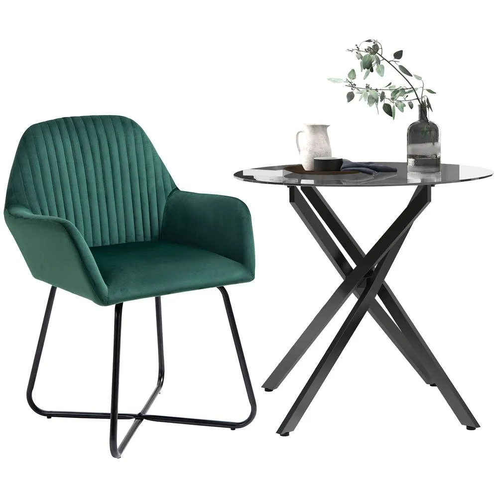 HOMCOM Round Glass Dining Table & Velvet Chair Set Kitchen Furniture 2pc Gre in Green 2