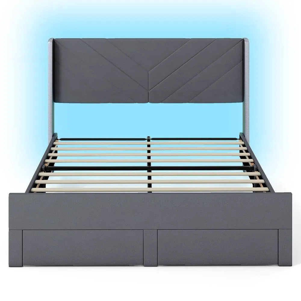 Costway King Size Bed Frame w/LED Lights Dutch Velvet Upholstered Platform Bed in Grey