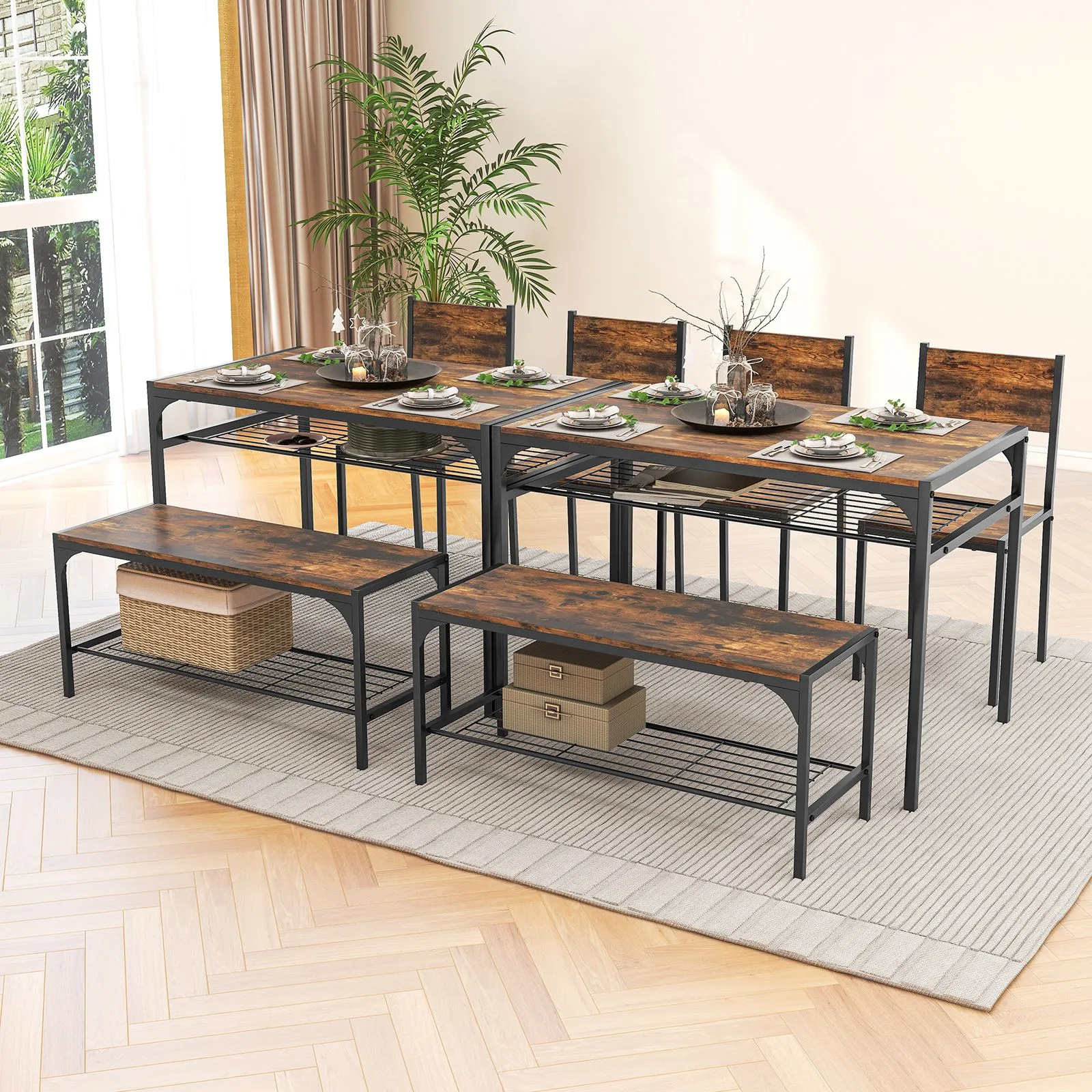 Costway 4PCS Dining Table Set for 4 Industrial Rectangular Kitchen Table with Chairs & Bench Metal Frame in Brown 2