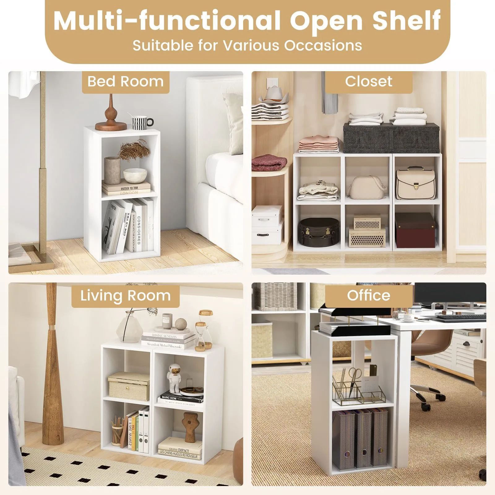 Costway Open Back 2-tier Bookshelf 2-Cube Bookcase Set-White in White 5