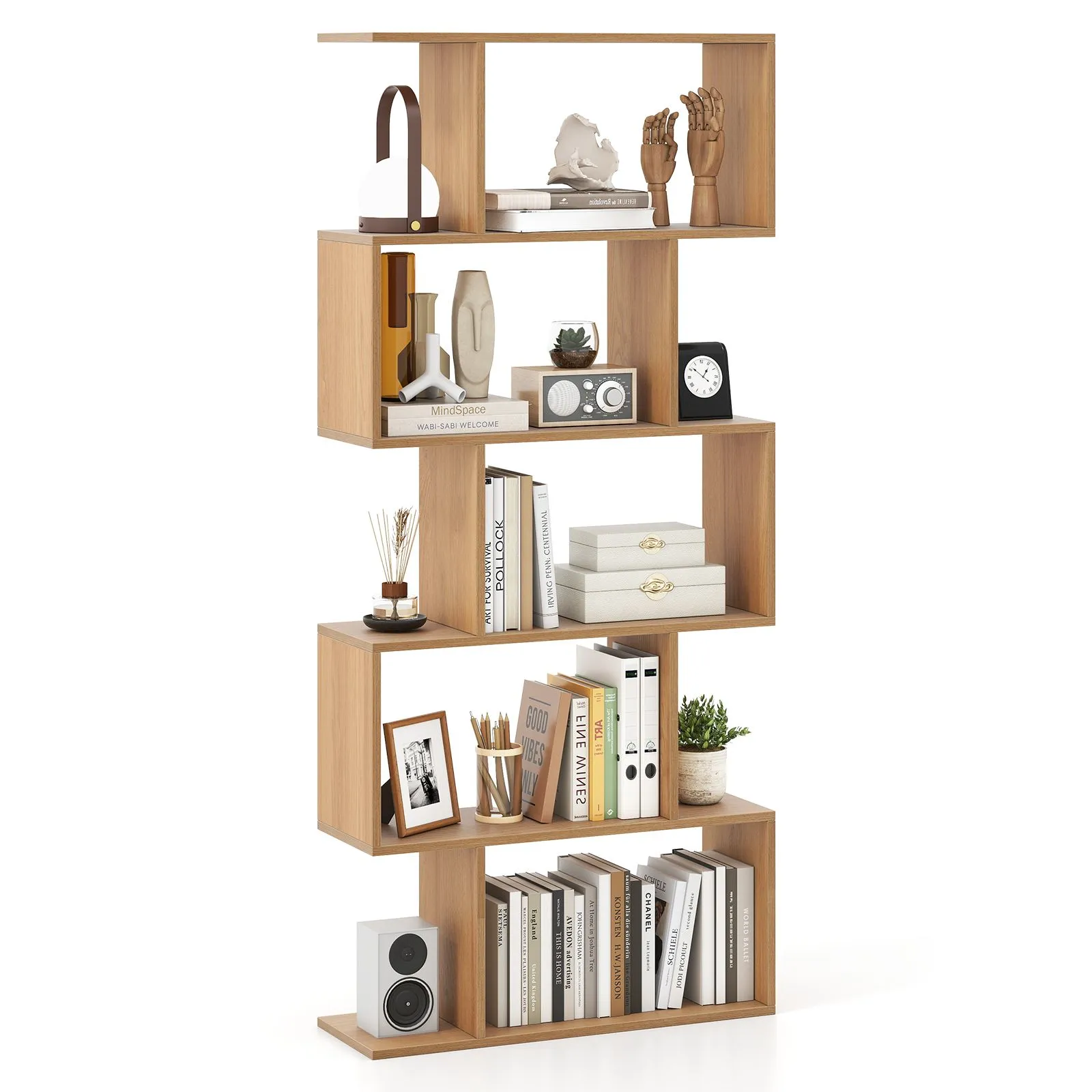 Costway 5-Tier Bookshelf Geometric S-Shaped Bookcase in Natural