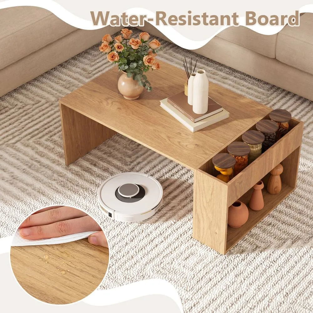 Costway Coffee Table 85cm Coffee Table with Double-Layer Storage Space in Tan 4