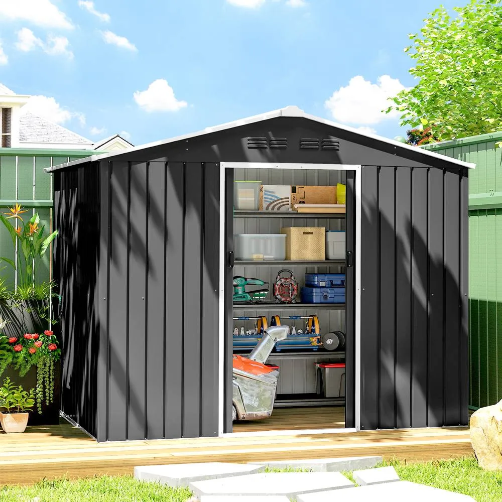 OUTSUNNY 8 x 6ft Garden Storage Shed with Double Door, Dark Grey
