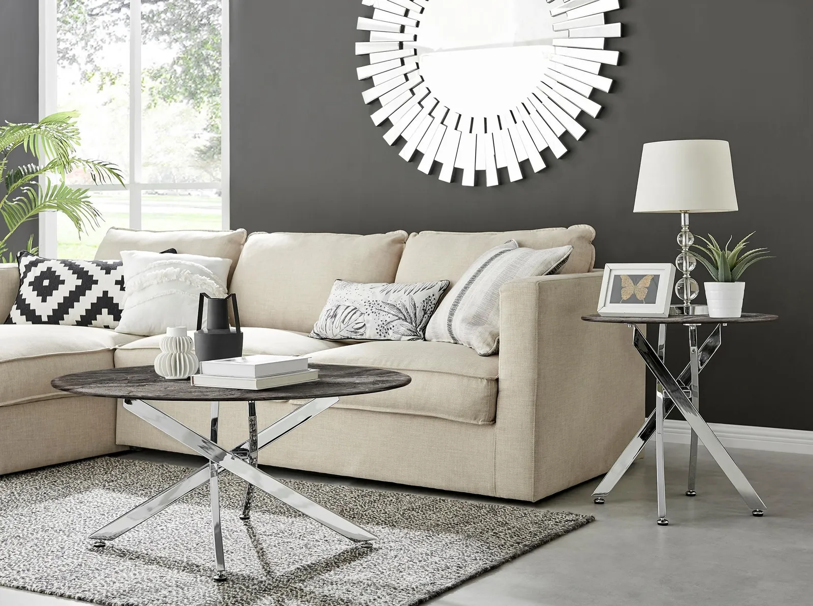 FurnitureboxUK Novara Round Marble Effect Glass Top Coffee Table With Silver Metal Starburst Legs in Grey 2