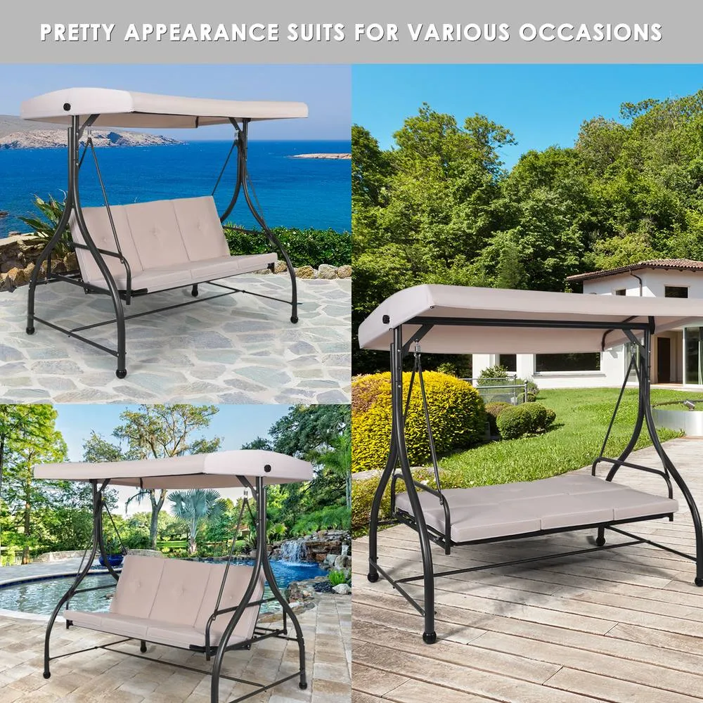 Costway Garden Patio Swing Chair 3 Seater Hammock Bench Convertible Canopy Cushion Seats in Beige 4