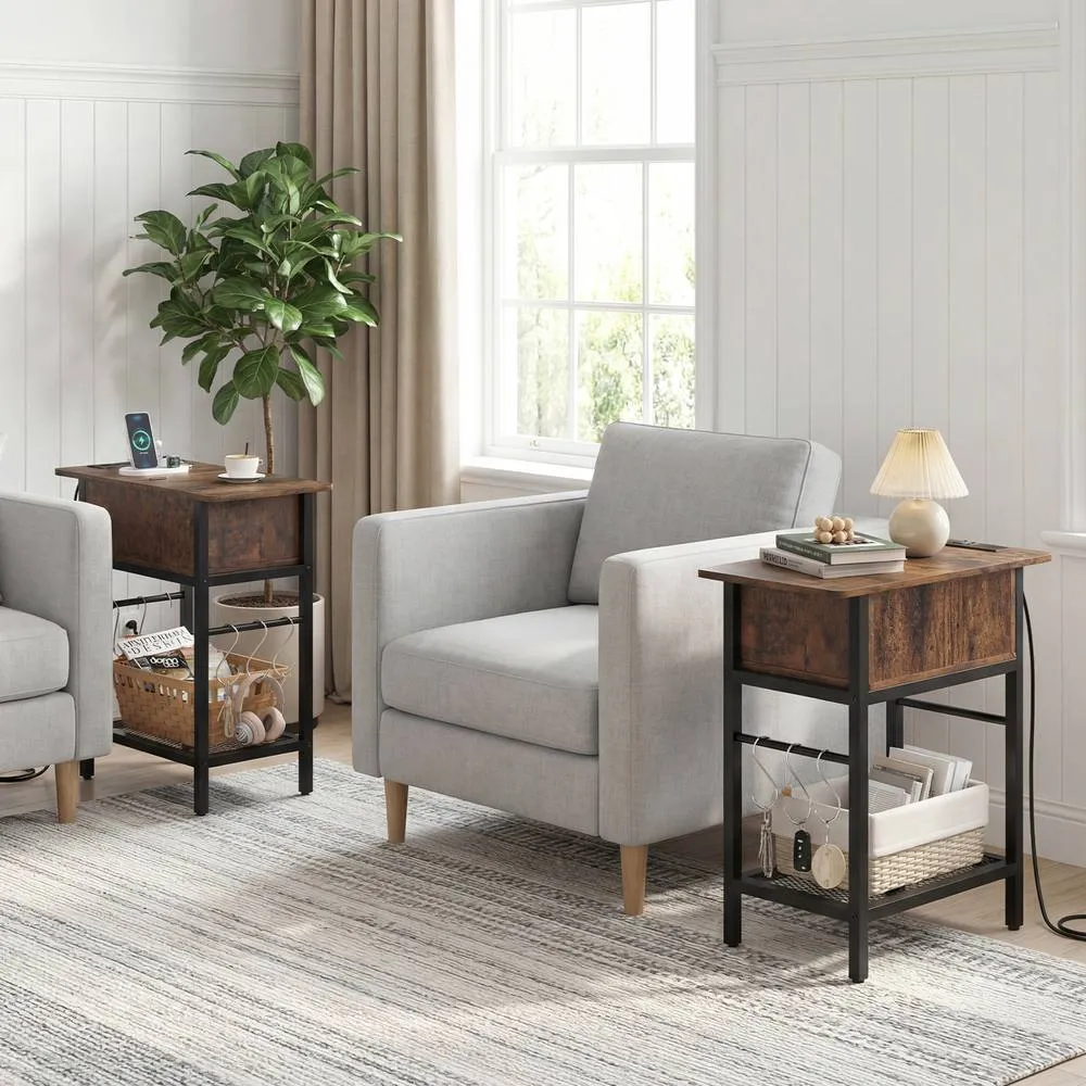 Costway Skinny Sofa Side Table Narrow End Table with Charging Station in Brown 4