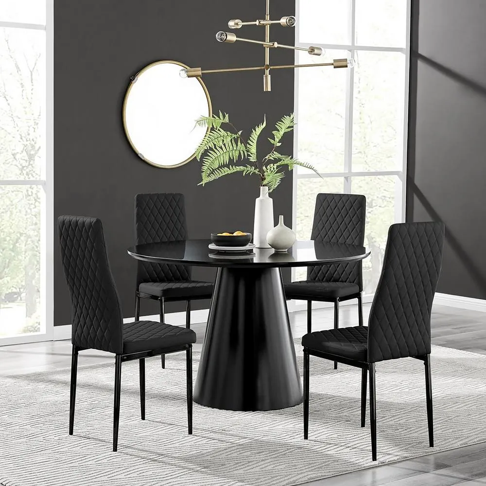 FurnitureboxUK Palma Black Semi Gloss Round Table & 4 Black Milan Black Leg Chairs