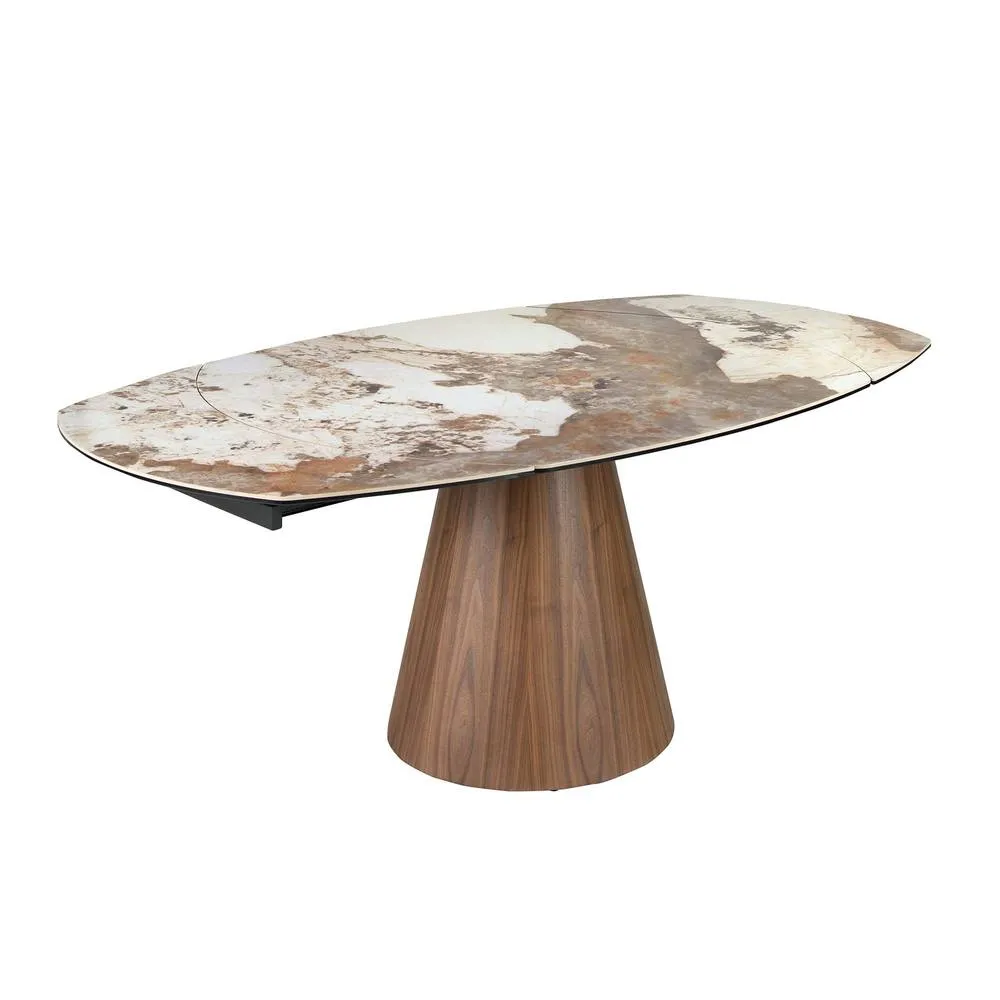 Angel Cerda Oval Extendable Dining Table with Porcelain-Marble Top & Walnut Legs in White
