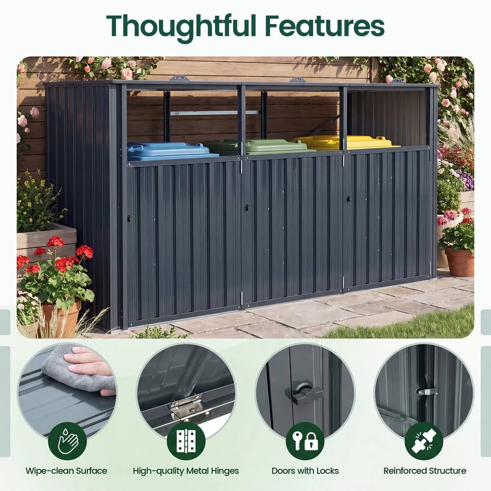 Costway 3-Bin Metal Trash Can Storage Shed 7.8x2.6FT Garbage Shed Flip-Up Lids in Grey 6