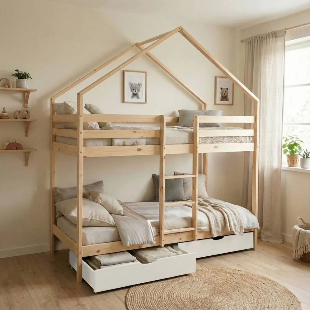 sweeek Children's bunk bed cabin 90 x 190 cm natural pine with storage in White 3
