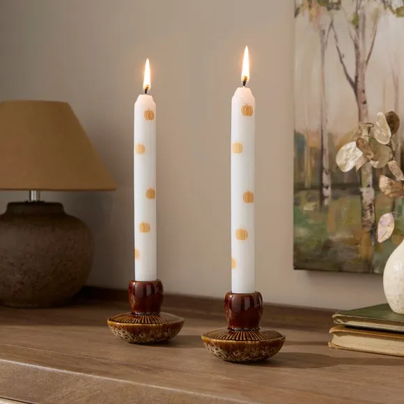 Set of 2 Pumpkin Print White Taper Candles