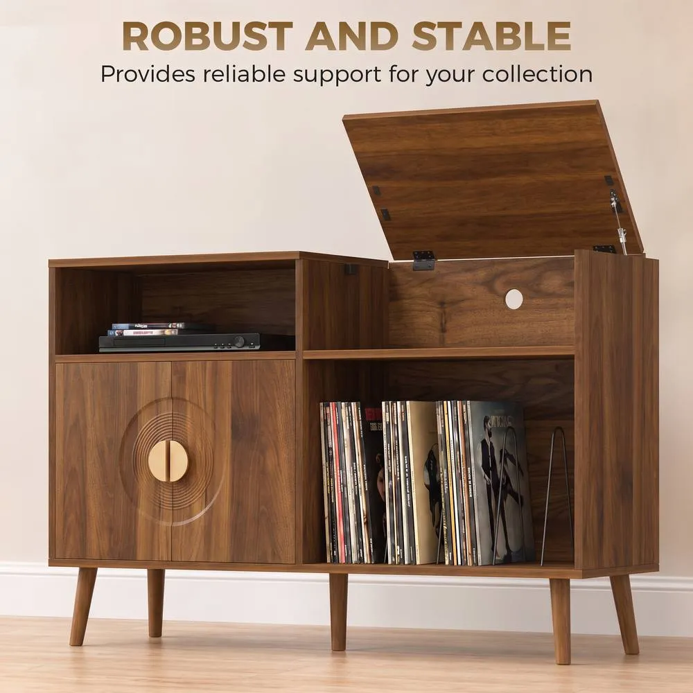 HOMCOM Record Player Stand Holds Up to 300 Albums with Cable Hole in Walnut 6