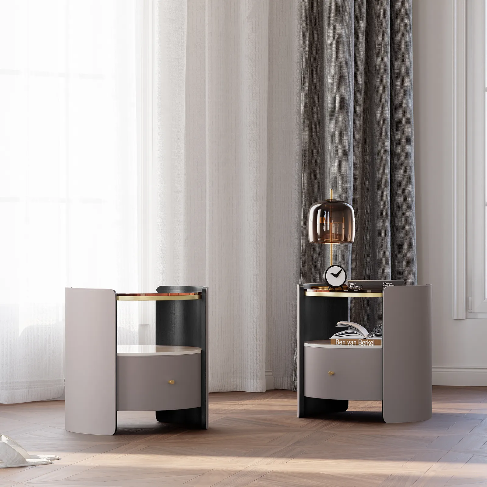 Modern Round Grey Leather Nightstand with Glass Top & Sintered Stone Bedside Set of 2