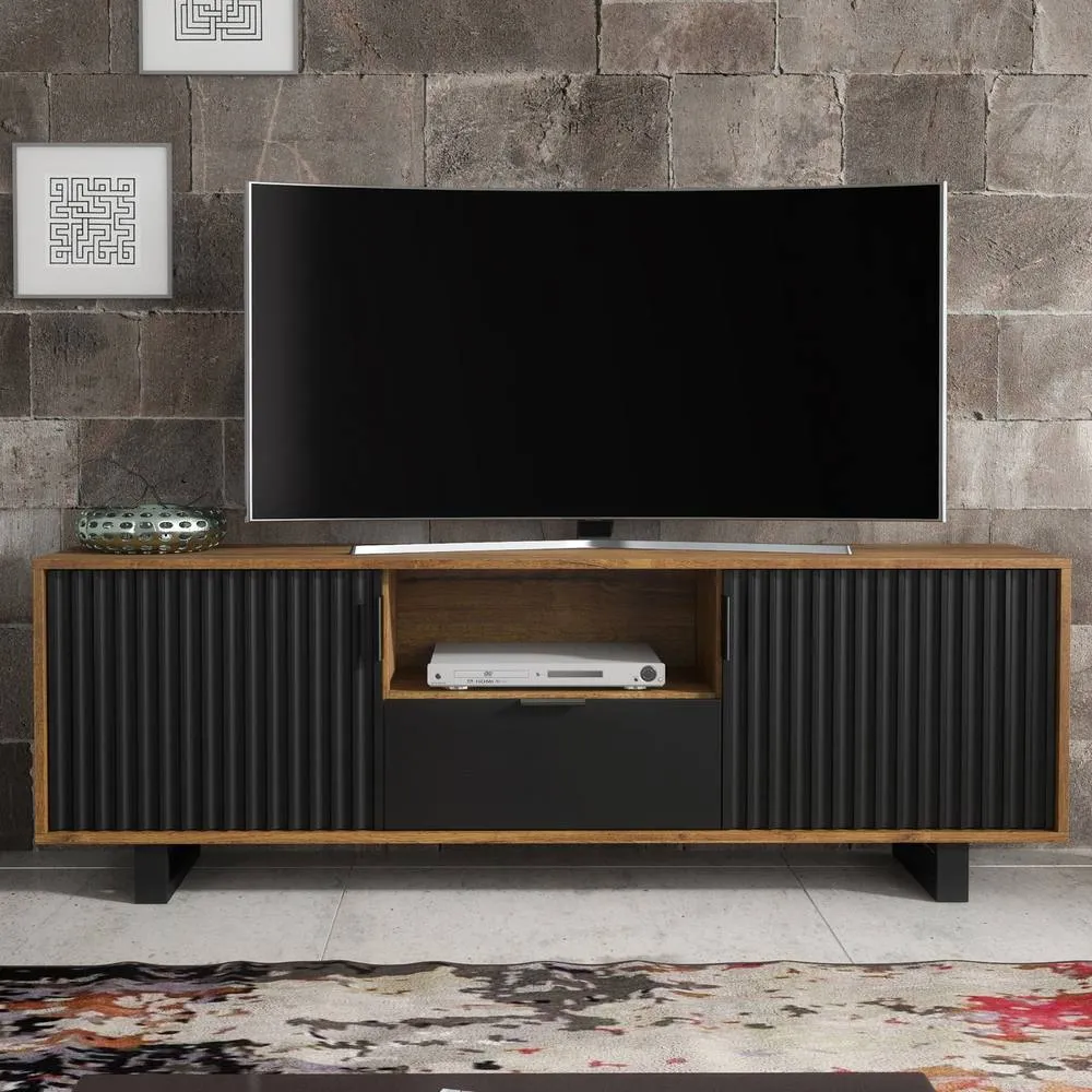 Creative Furniture Blackridge TV Unit 160cm - Dark Oak with Black Fluted Doors & Drawer in Brown
