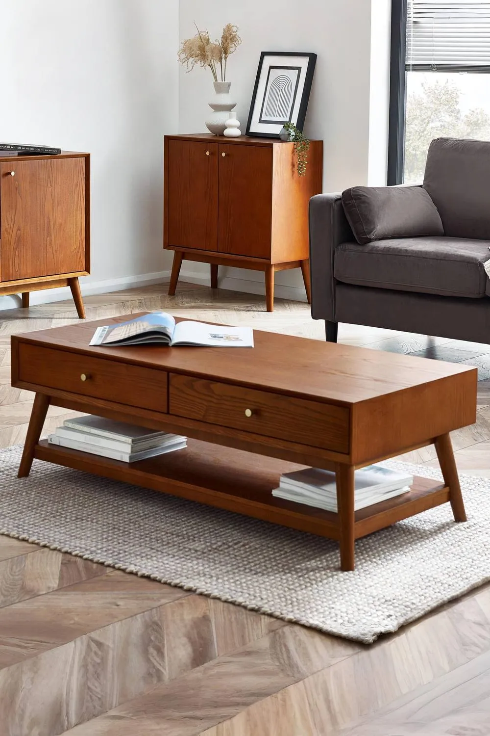 Julian Bowen Lowry 2 Drawer Coffee Table with Shelf in Tan