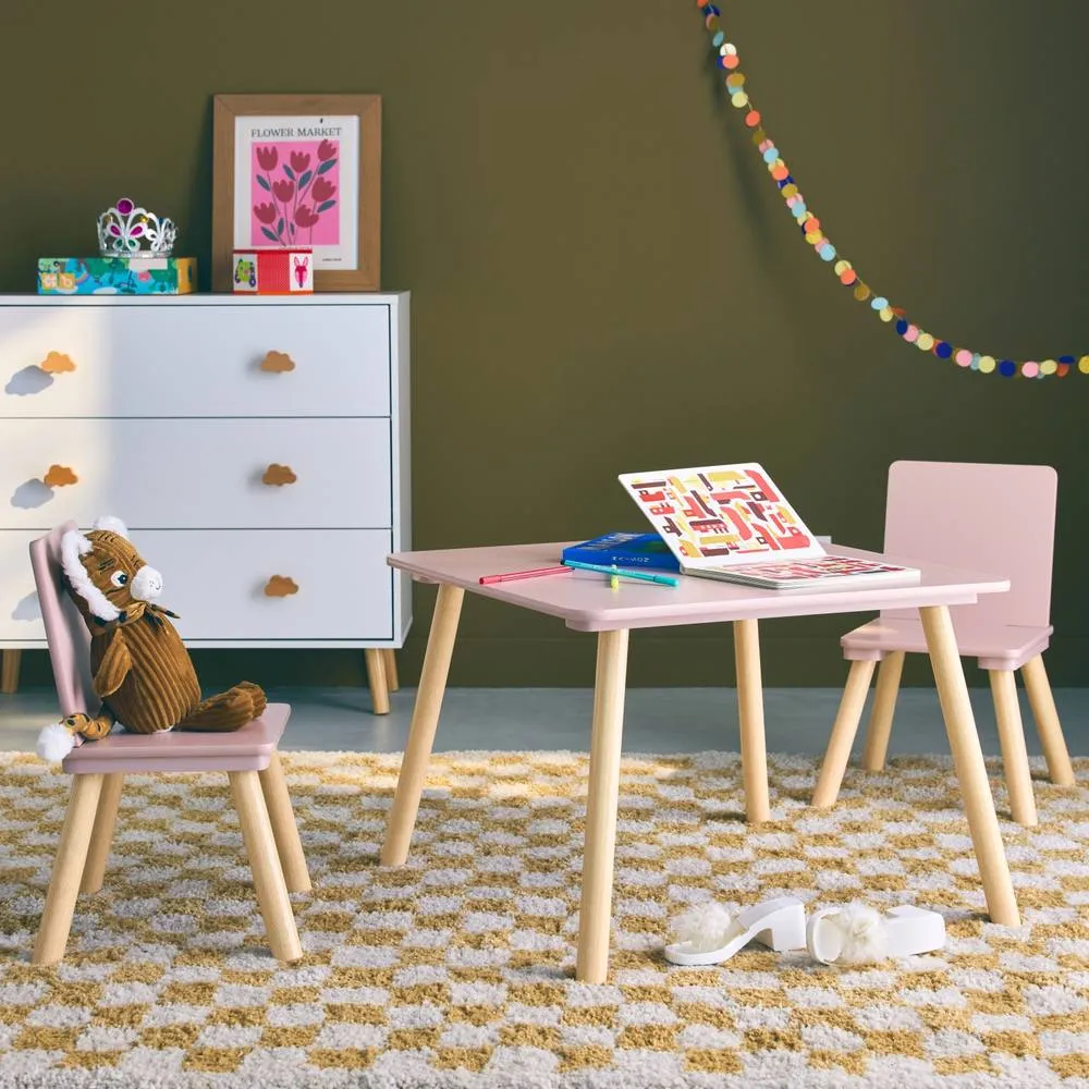 sweeek Children's square table with 2 chairs pine legs in Pink 1