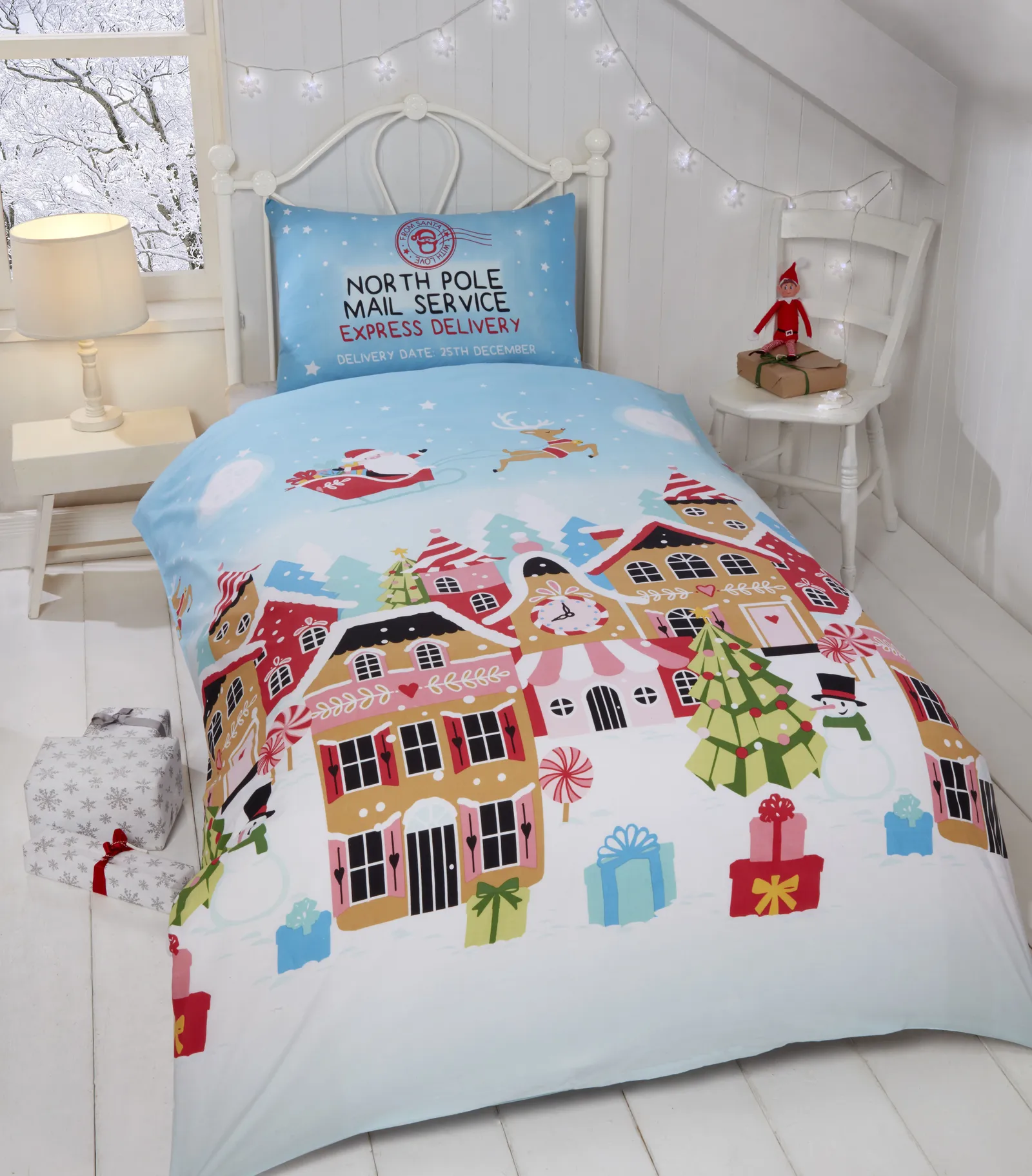 Rapport Home Gingerbread Town Duvet Cover Set with Pillowcase in Light Blue
