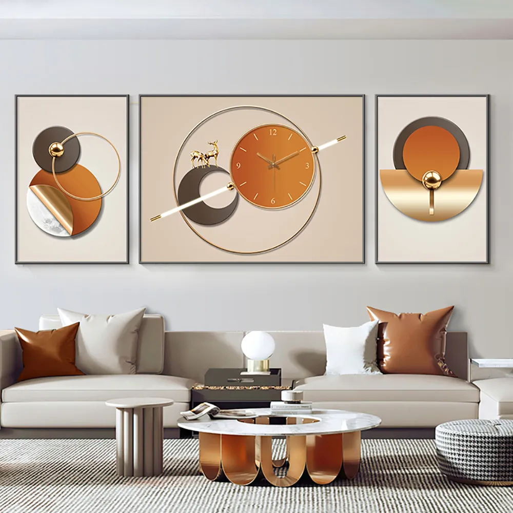 3Pcs Geometric Wall Clock Decor Set Modern Canvas Painting Wall Art with Aluminum Frame