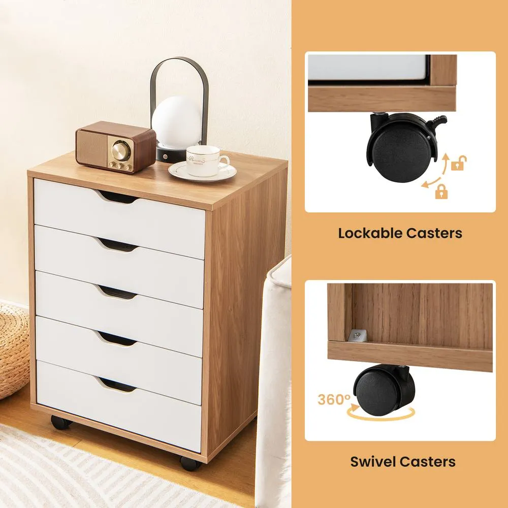 Costway 5 Drawer Rolling Storage Cabinet Mobile Chest of Drawers Wooden Dresser Organizer Coffee in Natural 5