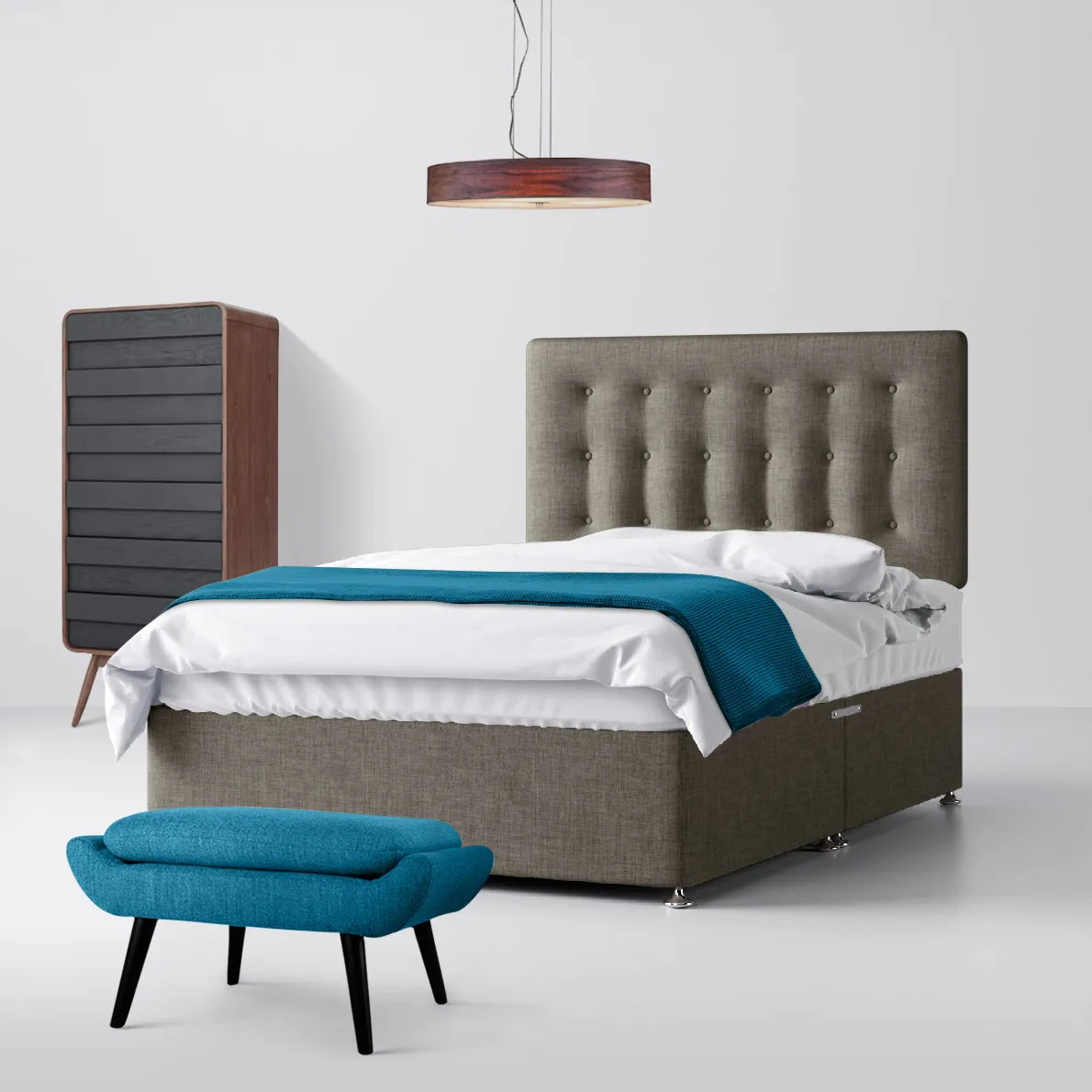 Cornell Buttoned Slate Grey Fabric No Drawer Divan Bed - 4ft Small Double