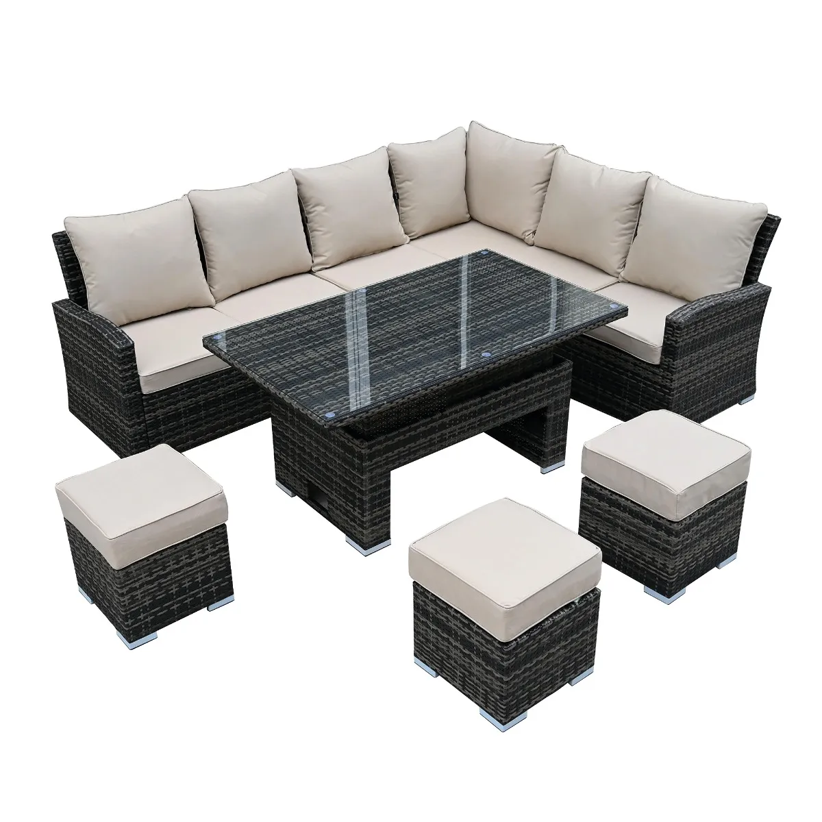Amble Corner Garden Dining Set with Rising Table in Brown Weave and Beige Fabric