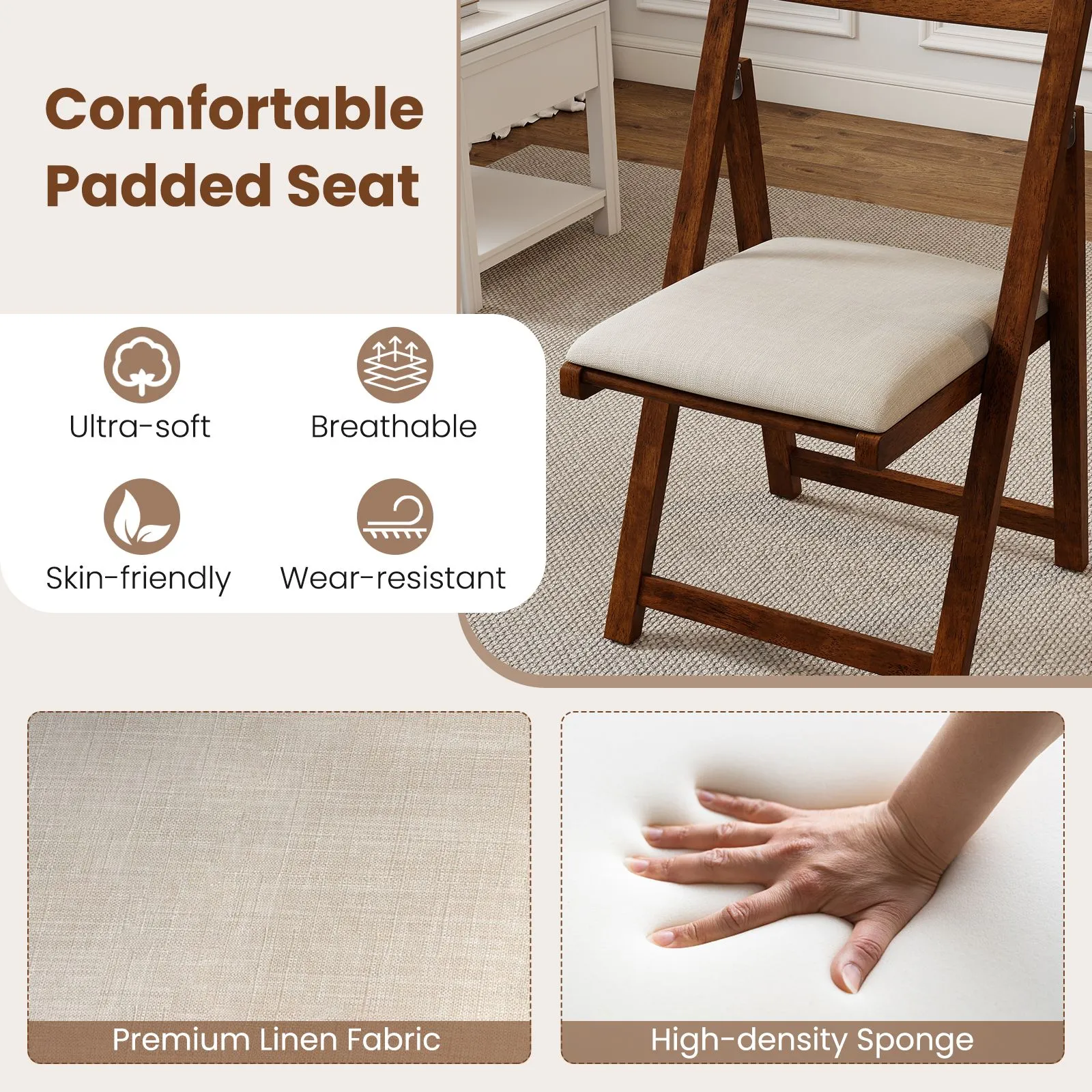 Costway Foldable Dining Chair Set of 4 Accent Armless Kitchen Chair in Walnut 6