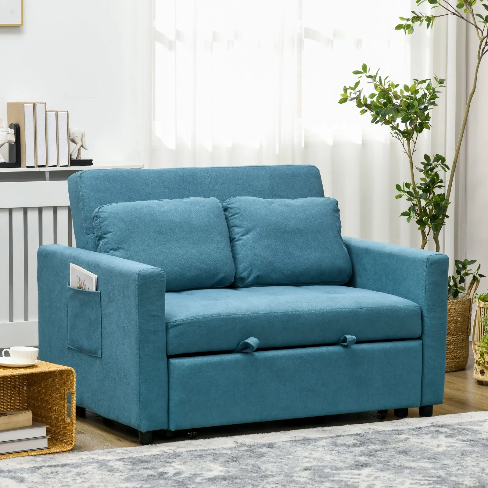 HOMCOM 2 Seater Sofa Bed Convertible Bed Settee with Cushions, Pockets in Blue 1