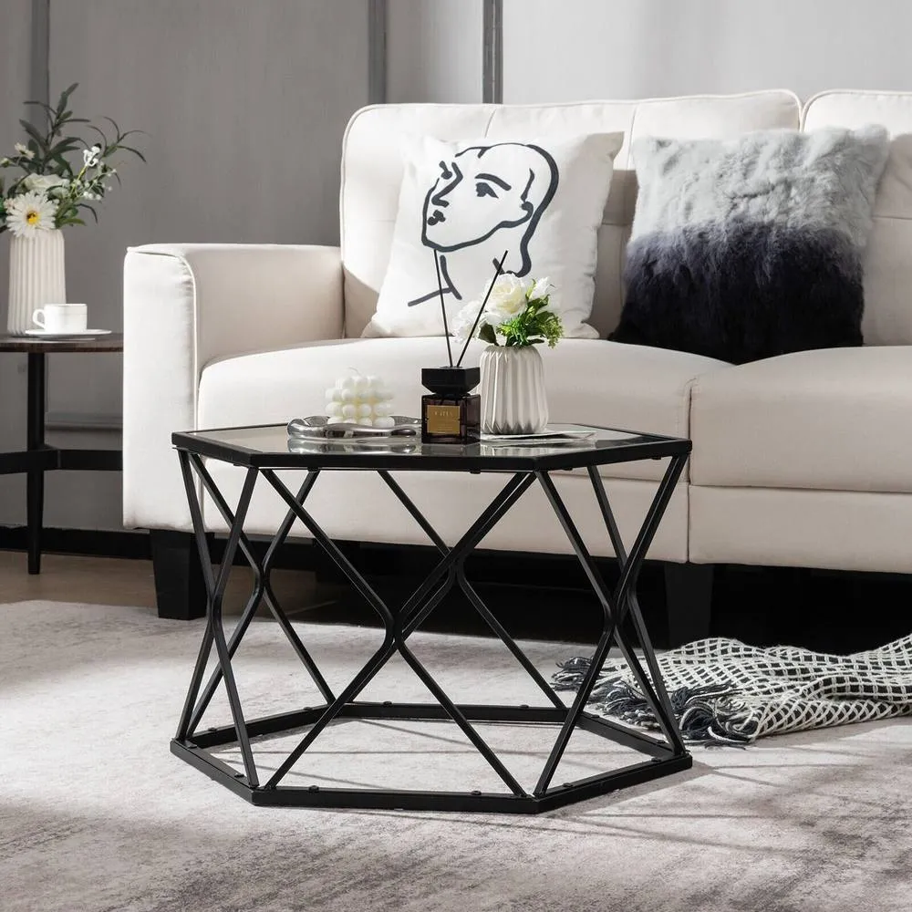 Costway Geometric Glass Coffee Table Hexagonal End Table with Tempered Glass Top in Black 4