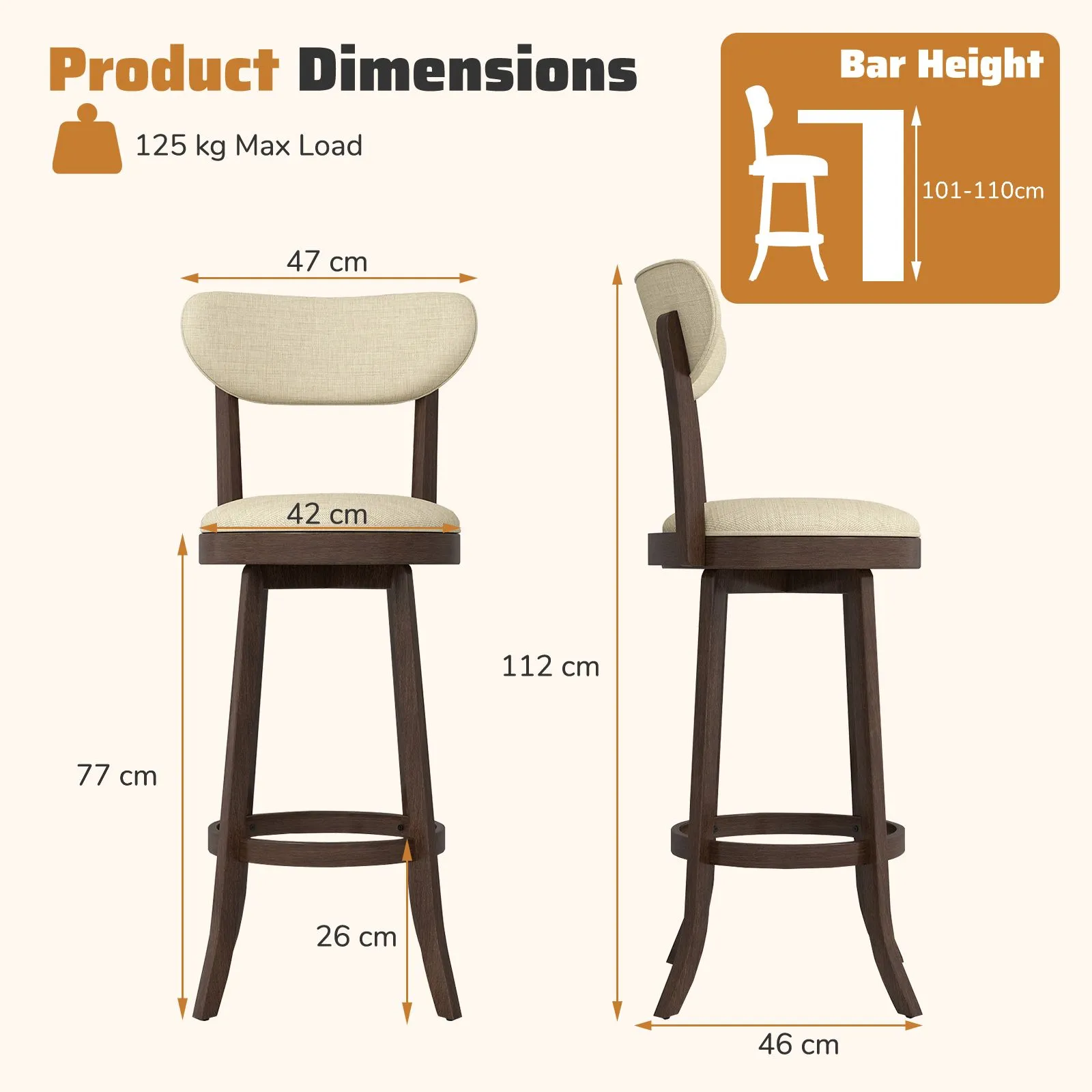 Costway 77CM Counter Height Chairs Set of 2 Swivel High Stool in Beige 2