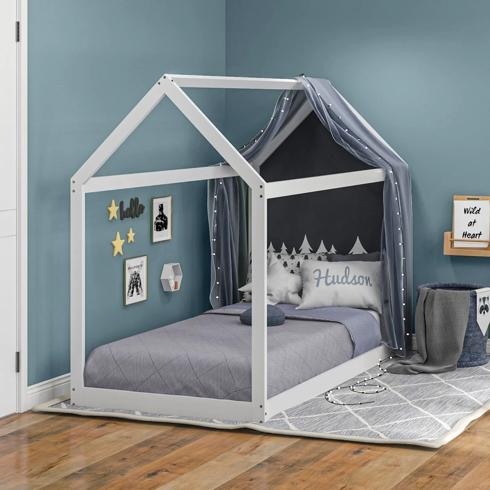 HOMCOM Wooden Single Bed Frame with Tree House Style in White 1