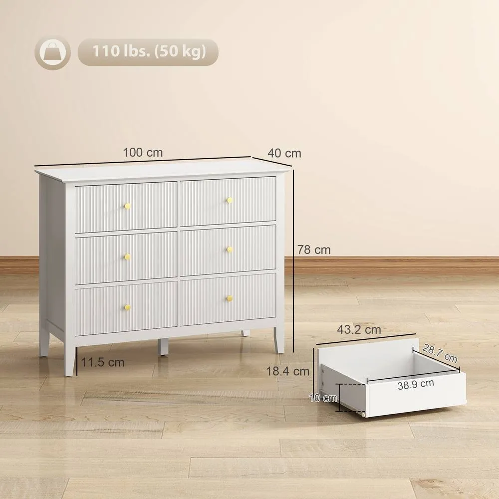 HOMCOM Fluted Chest of Drawers 6 Drawer Dresser for Bedroom Hallway White 3