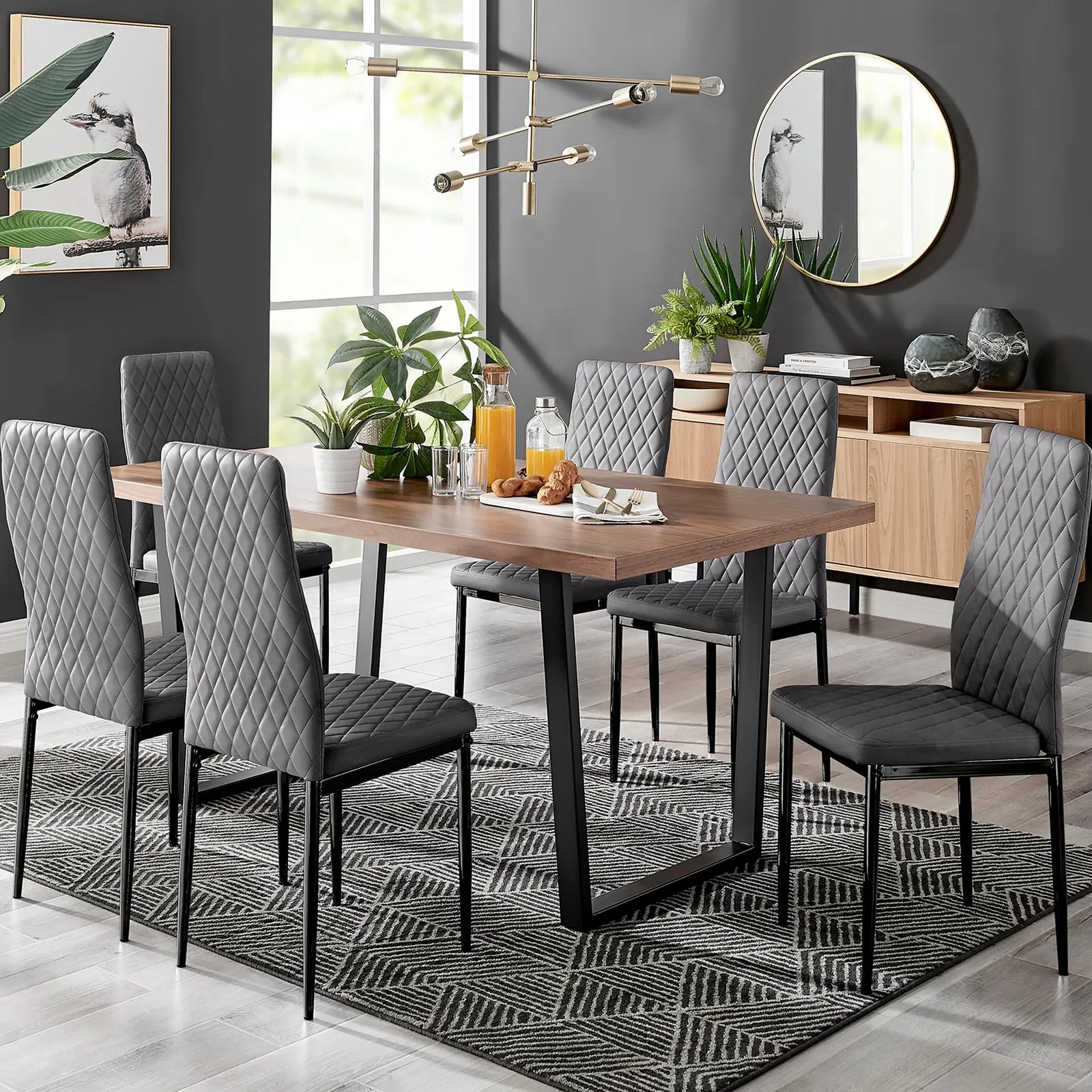 FurnitureboxUK Kylo Large Brown Wood Effect Dining Table & 6 Velvet Milan Black Leg Chairs in Grey